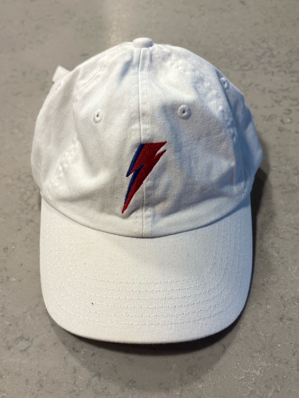 White Baseball Cap with Red & Blue David Bowie Lightning Bolt